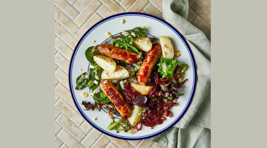 Sausages With Potato Salad And Caramelised Onions | Feedhour
