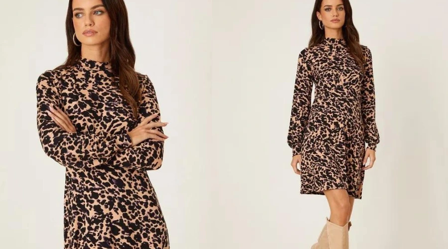 Petite Leopard Long Sleeve Shift Mini Dress