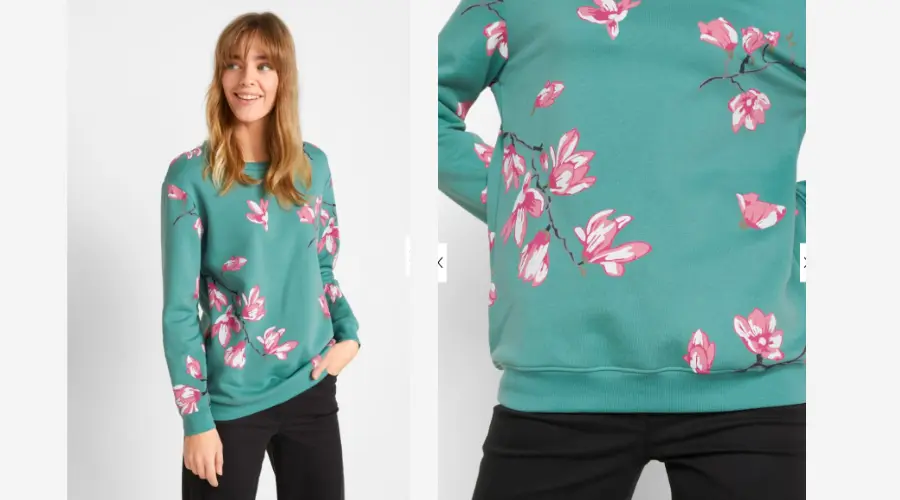 it has a floral print with a crew neck