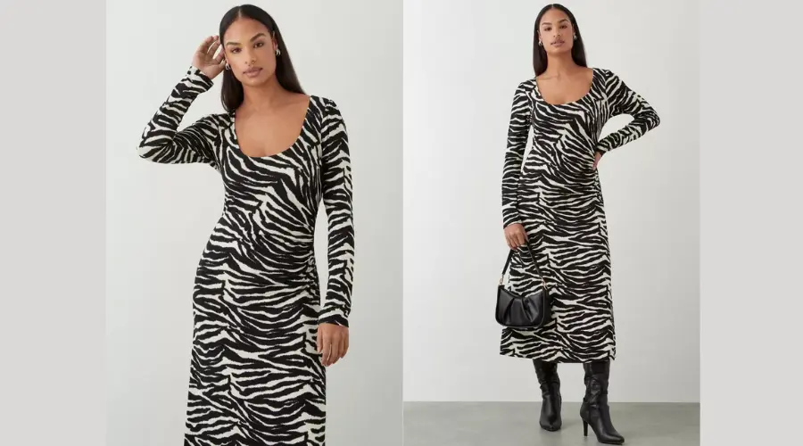 Zebra Print Scoop Neck Long Sleeve Ruched Midi Dress