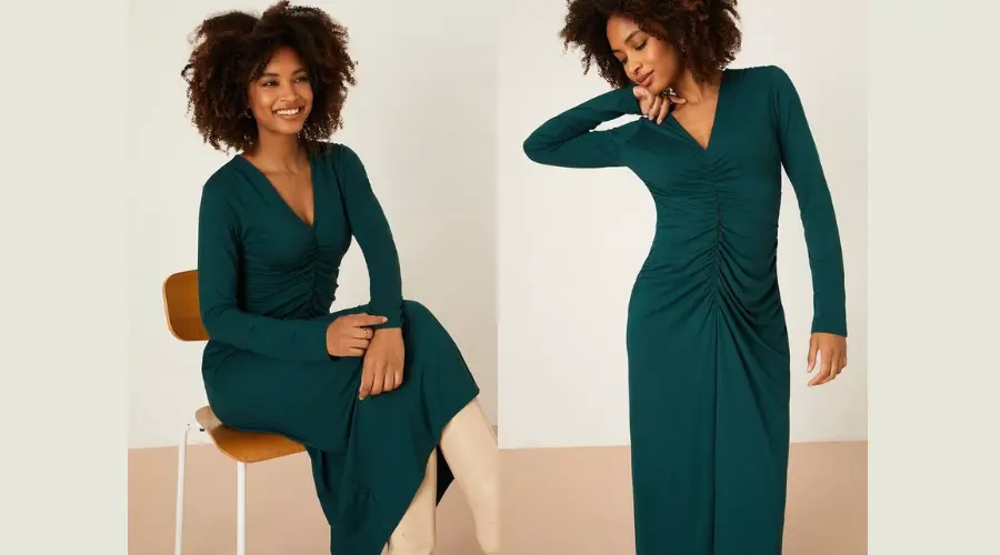 Green Ruched Front Long Sleeve Midi Dress