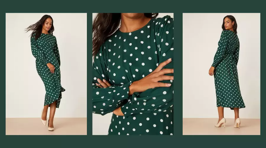 Green Spot Long Sleeve Shirred Cuff Midi Dress