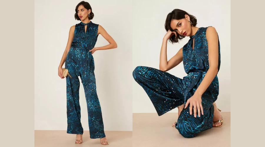 Tall Blue Animal Twist Neck Jumpsuit