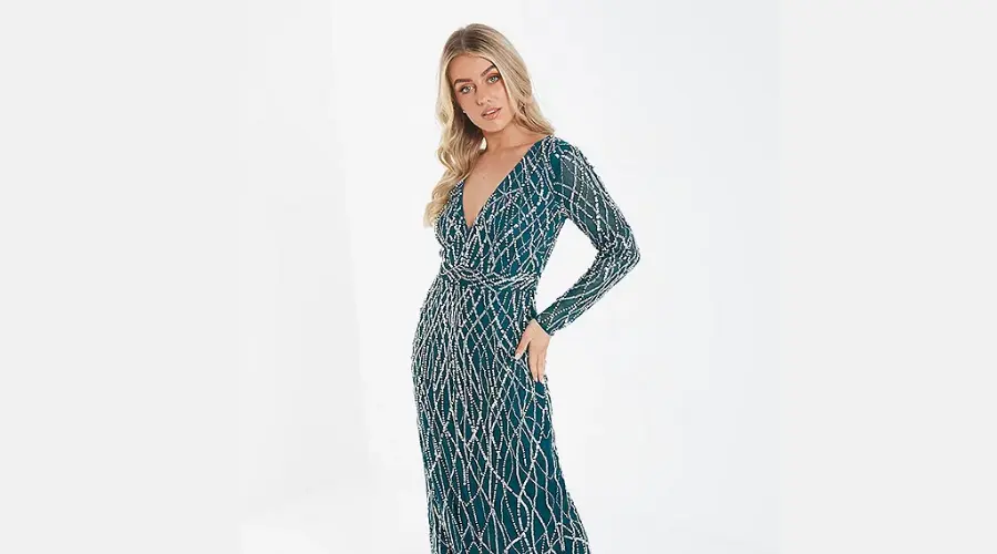Emerald and Silver Sequin Long Sleeve V-neck Maxi Dress