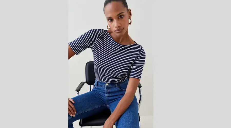 Striped Cotton Slash Neck Top