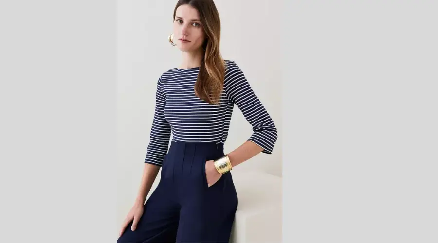Cotton Stripe Slash Neck 3/4 Sleeve Top
