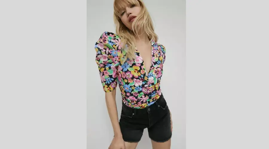 Organic Cotton Floral Ruched Puff Sleeve Top