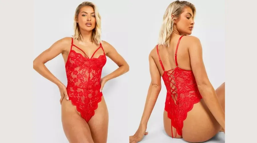 Boohoo Lace Up Crotchless Bodysuit