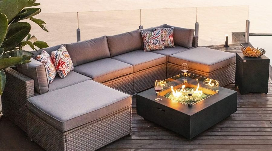 Fimous Gas Fire Pit Table Heater 2 Little Stools 8 Seater PE Rattan Sofa Set