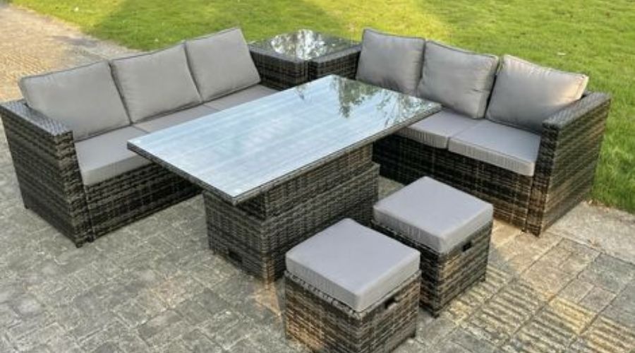 Fimous U-Shaped Rattan Sofa Set with 2 Side Coffee Tables and Movable Raising Dining Table
