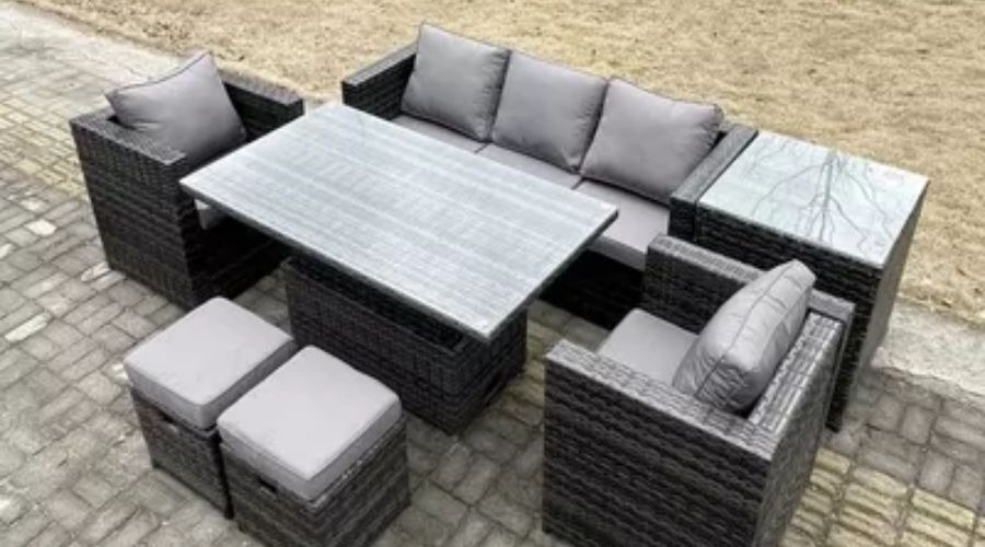 Height-adjustable dining table, footstools, and sofa set by Fimous