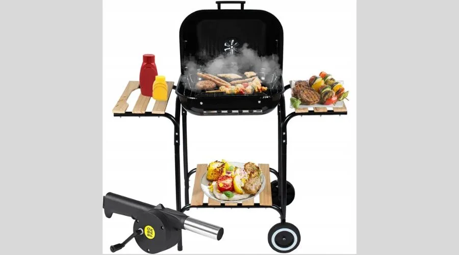 Large garden coal grill with shelves and blower