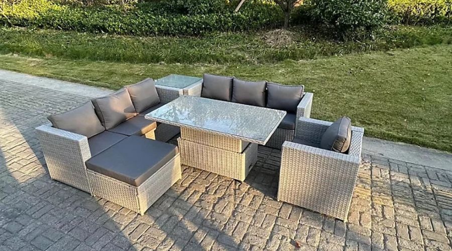Outdoor rattan 10 seater adjustable rising lifting side tables and little footstools from Fimous
