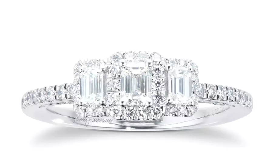 Platinum 0.75 cttw Diamond Emerald Halo 3 Stone Engagement Ring