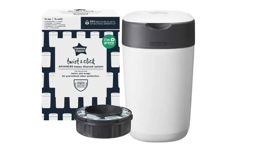 Tommee Tippee Twist & Click Advanced Nappy Bin, Includes 1x Refill Cassette, White