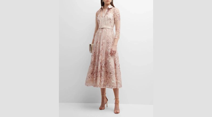BADGLEY MISCHKA COLLECTION Floral-Embroidered Sequin Midi Shirtdress