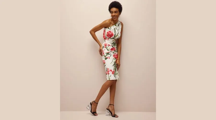 Floral Print Ruched One Shoulder Midi Dress 
