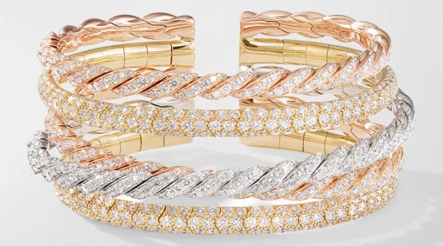 David Yurman Paveflex Five Row Bracelet with Diamonds in 18K Golds, 73mm, Size M 