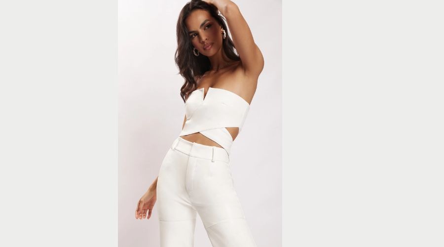 PERRIE Faux Leather Cut Out Crop Top - White 