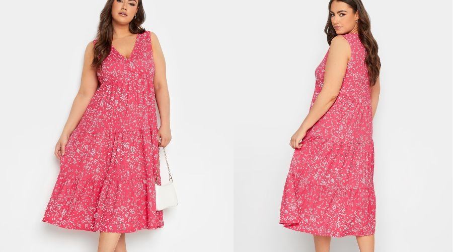 YOURS Curve Pink Ditsy Print Smock Midaxi Wrap Dress