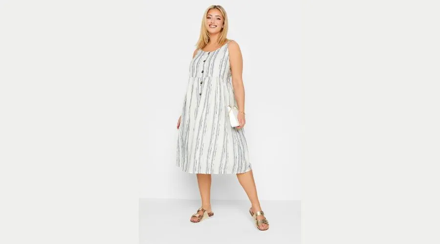 YOURS Curve White Stripe Button Lined Strappy Sundress