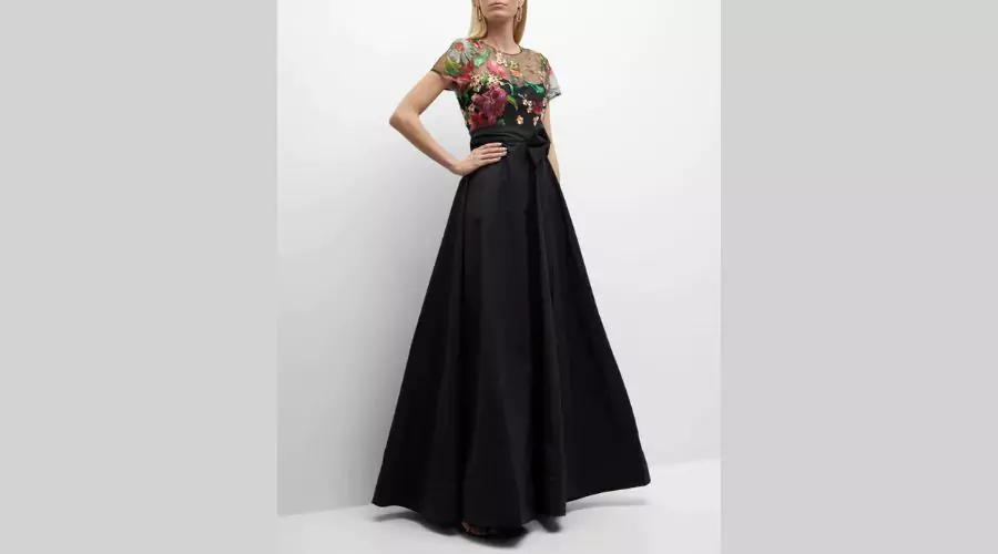 Floral-Embroidered Side-Bow Tulle Gown