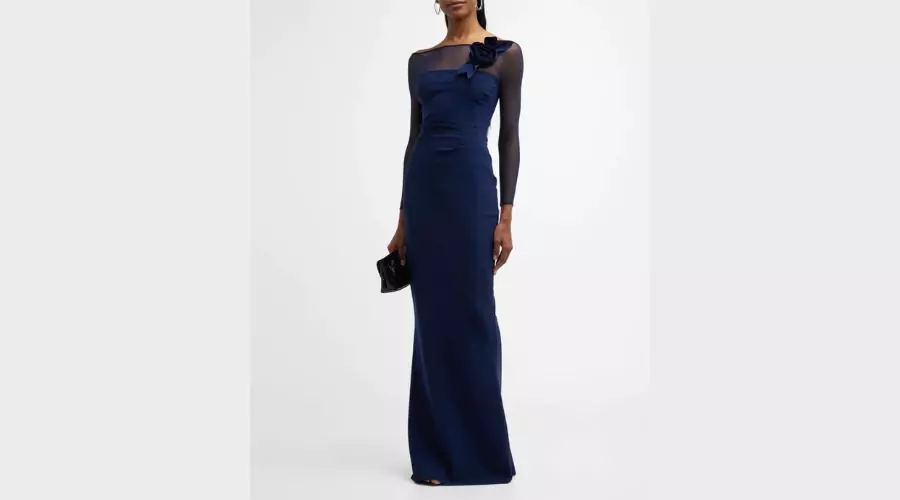 Illusion-Sleeve Flower Column Gown