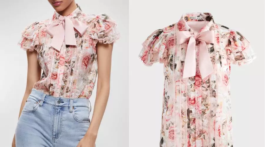 Minda Ruffle-Sleeve Neck-Tie Blouse 