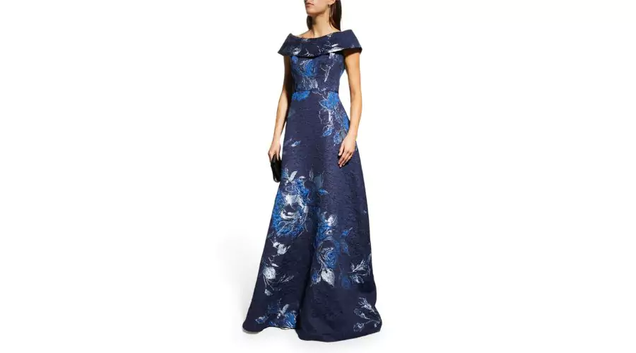 RICKIE FREEMAN FOR TERI JON Off-Shoulder Metallic Flower Jacquard Gown