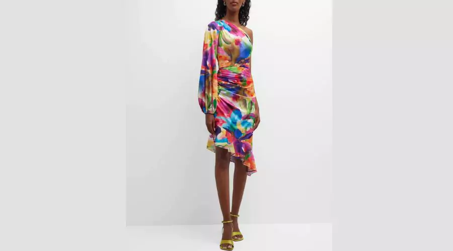 Ruched One-Shoulder Abstract-Print Midi Dress