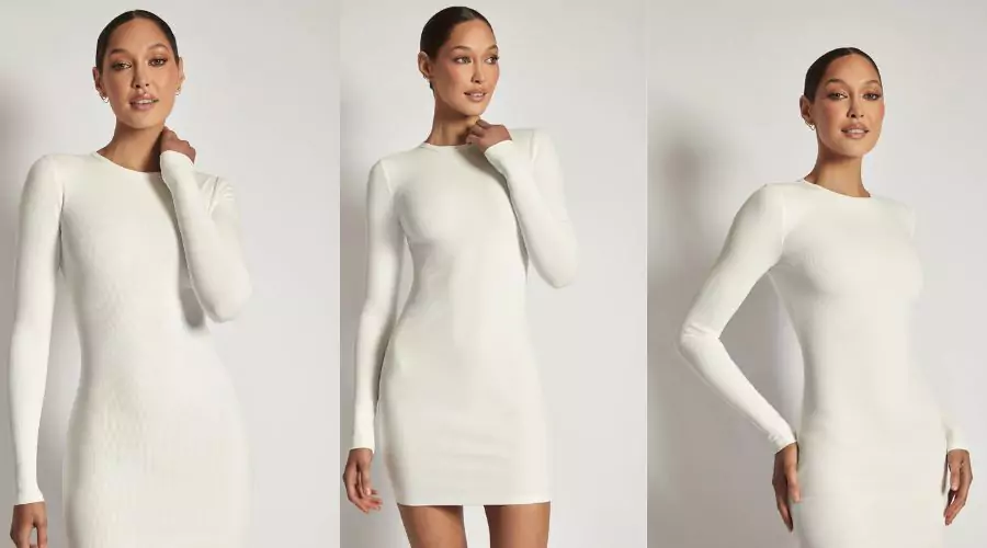 Vivienne Ribbed Long Sleeve Mini Dress - White