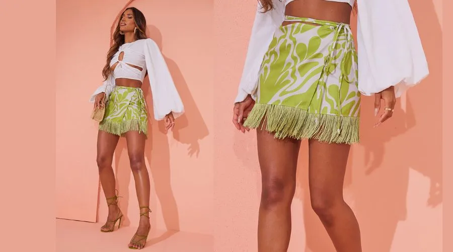 Green Abstract Floral Tassel Hem Wrap Mini Skirt