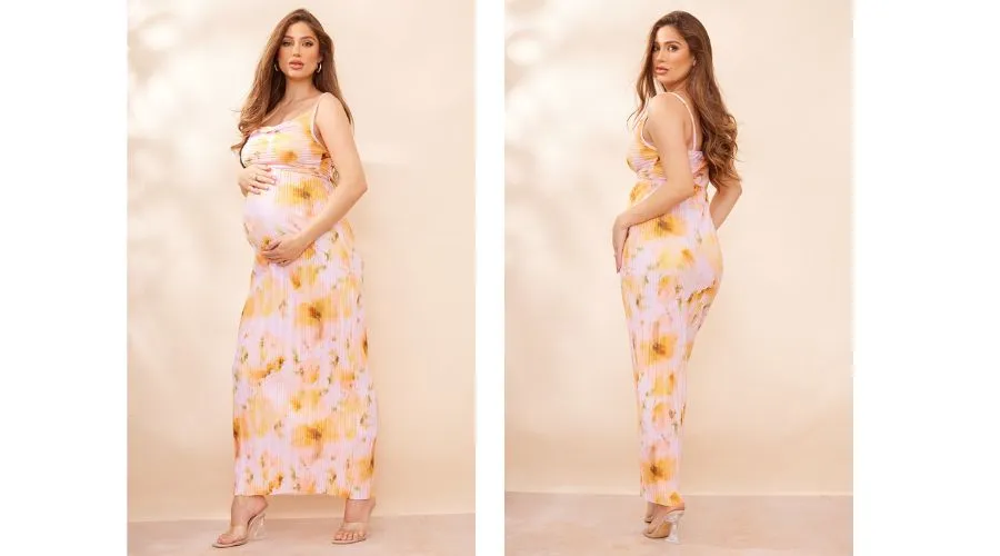 MATERNITY BABY PINK FLORAL PRINT PLISSE MIDAXI DRESS