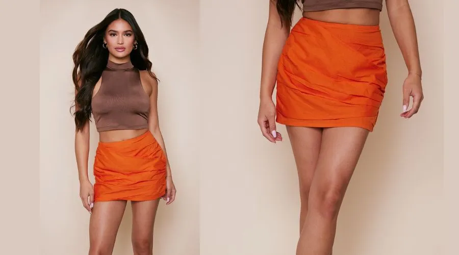 Hot Orange Linen Look Wrap Front Mini Skirt