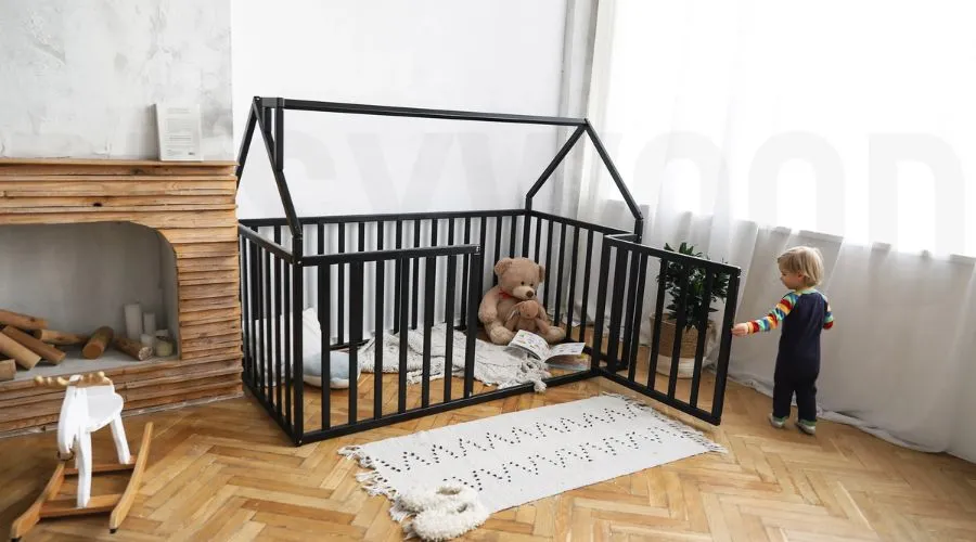 House Playpen Bed with Fall Protection and Slatted Frame