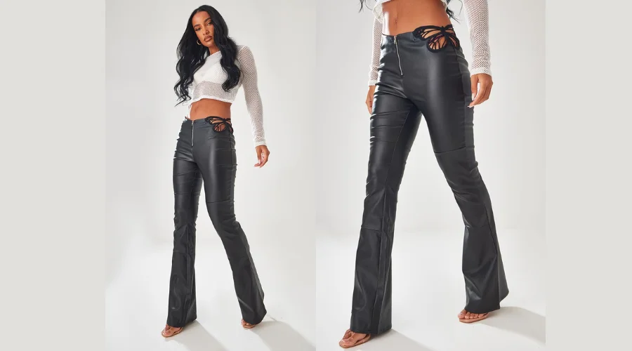 Black Butterfly Cutout Waistband Coated Denim Flared Jeans