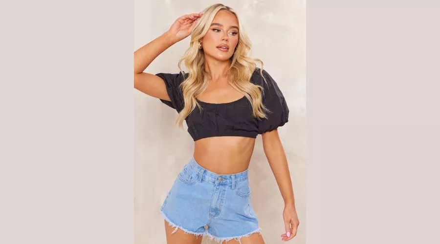 Black Woven Lace Back Puff Sleeve Crop Top