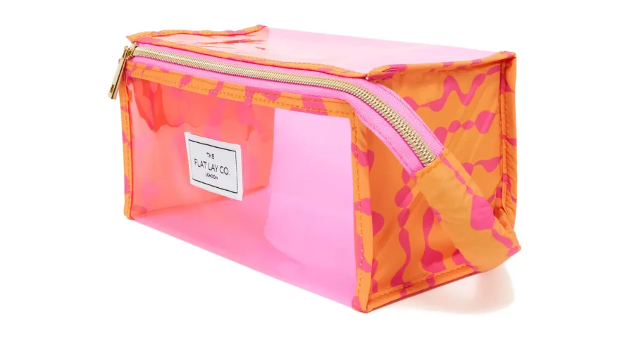 The Flat Lay Co. Open Flat Makeup Jelly Box Bag - Pink Dribbles on Orange 