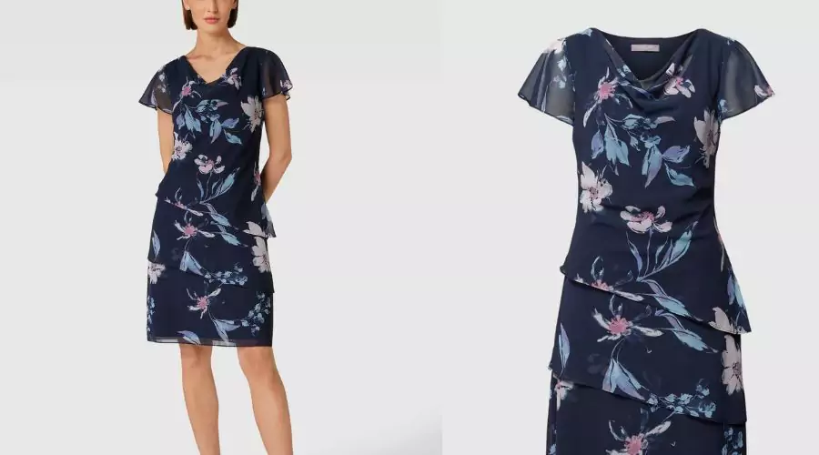 Cocktail Dress with Floral All-Over Motif in Navy Blue Melange