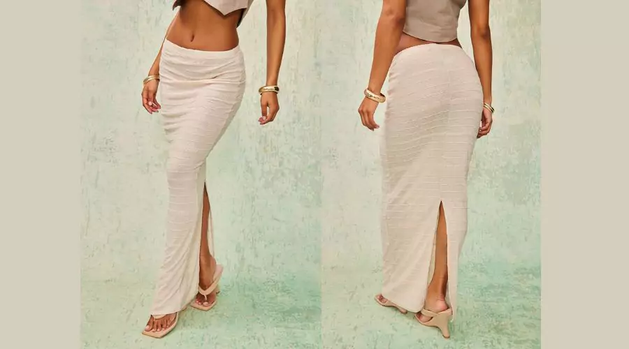 Stone Sheer Textured Split Back Maxi Skirt