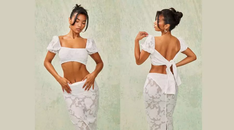 White Floral Applique Tie-Back Puff Sleeve Crop Top