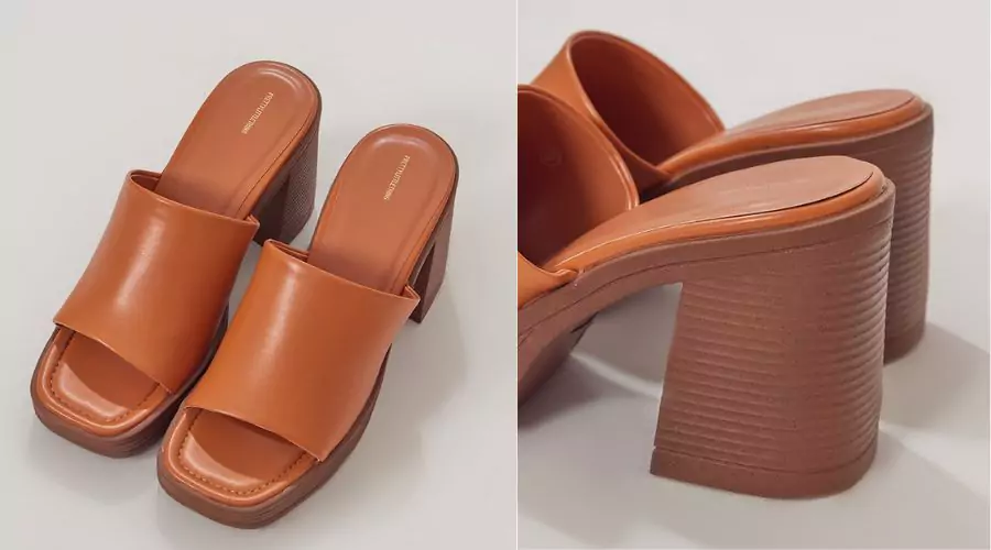Tan Faux Leather Stack Heel Mules