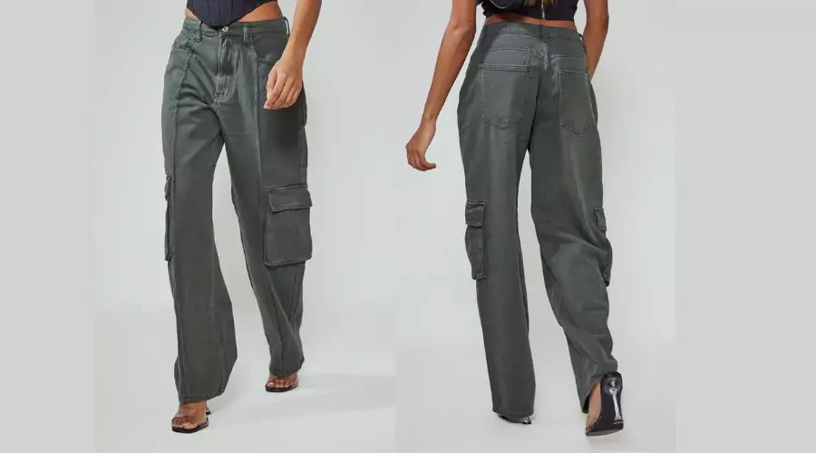 Khaki Baggy Boyfriend Jeans with Cargo Pocket Detail