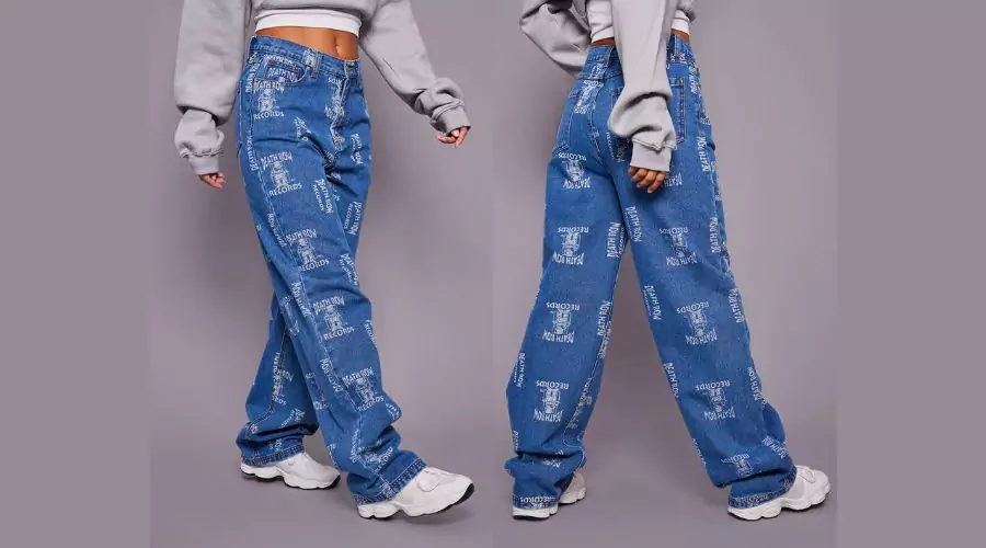 Mid Blue Wash Death Row Records Graphic Printed Wide Leg Jeans