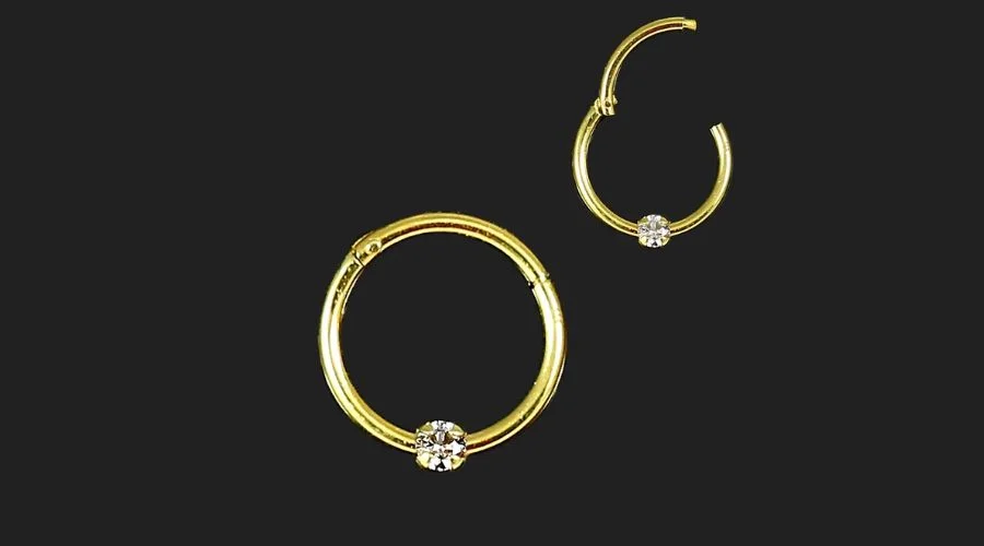 9K Hinged Segment Gold Nose Ring Hoop with CZ Stone