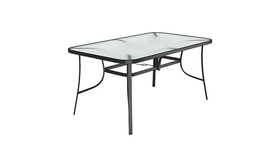 Livingandhome Black Rectangular Metallic and Tempered Glass Garden Table with Parasol Hole Outdoor 150 cm
