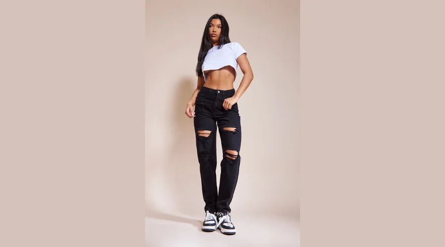 Prettylittlething Washed Black Ripped Mom Jeans