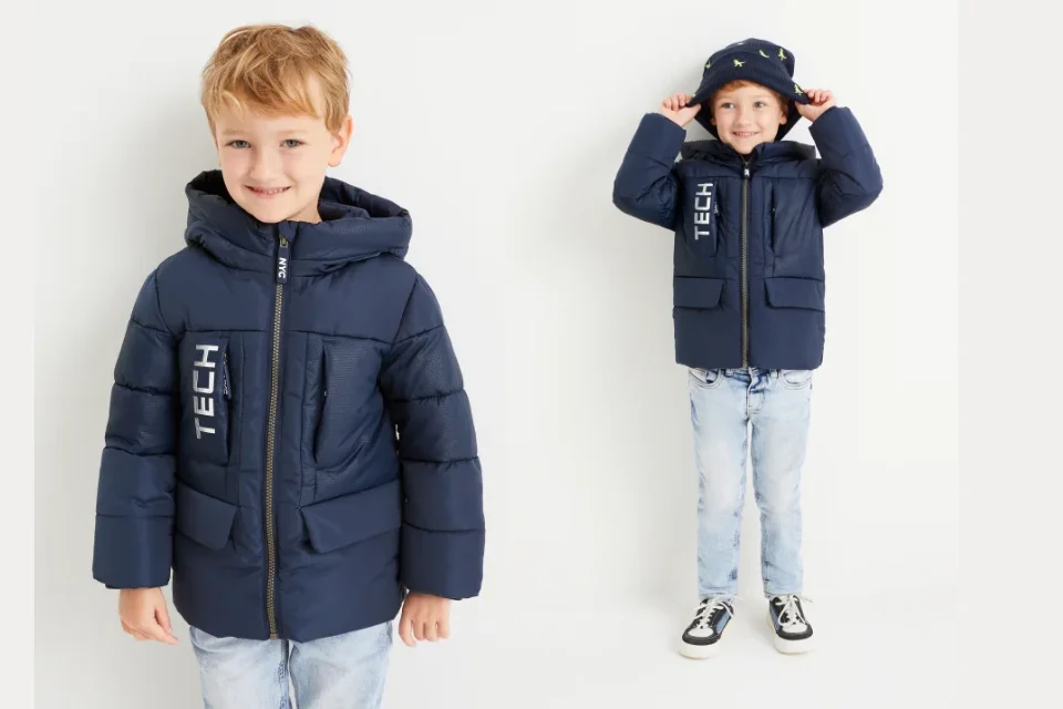 Quilted Jacket with Hood For Boys- Dark Blue