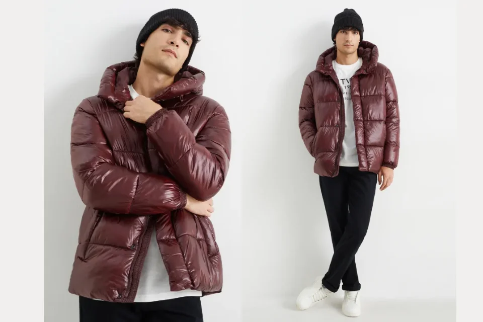 Quilted Jacket with Hood For Men- Dark Red