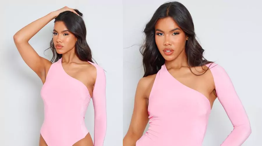Bubblegum pink one shoulder asymmetric bodysuit